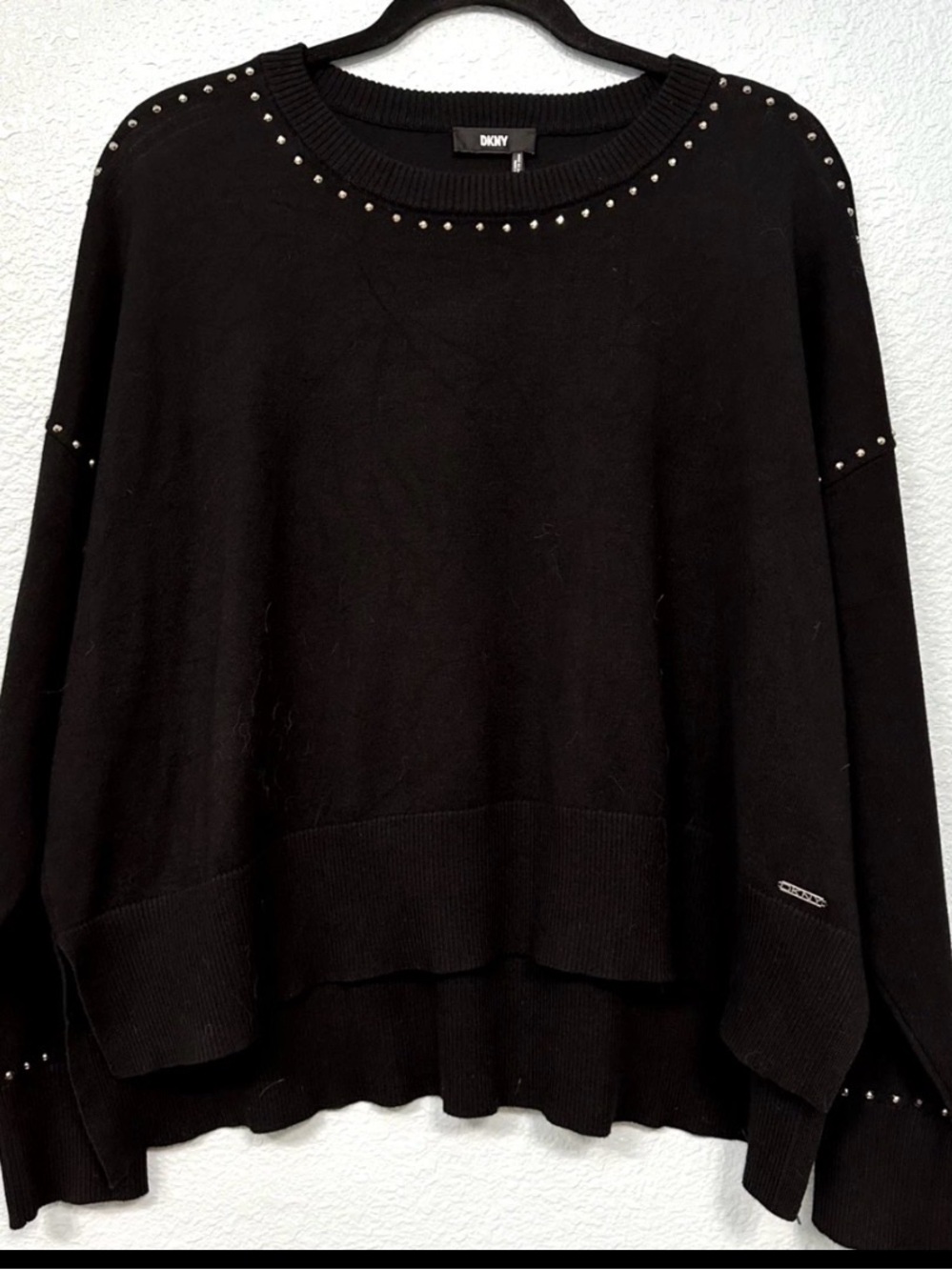 DKNY Black Crewneck Sweater with Silver Stud Accents